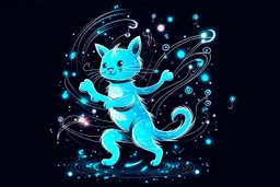 cute chibi dynamically dancing cat, holographic, bioluminescent, an image visualizing musical notes in an abstract and dynamic composition. Let the musical notes dance in the air, forming a symphony of shapes and symbols that convey the essence of sound. Show the notes floating and intertwining in air, creating a visually harmonious composition