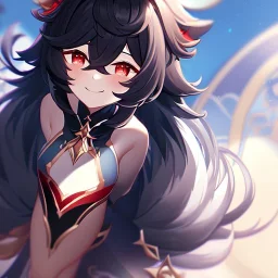 Clear focus,High resolution, black short fluffy hair, long fluffy bangs, and red eyes, Depressed girl, wearing a genshin impact outfit,slight revealing outfit, Smug smile, half closed eyes, smile, full body, Extreme close up, smiling, eyes close