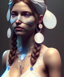 Gipsy, beautiful, curvy body, white fabric dress, beautiful long hair, bandana covering head, long earings, head and shoulders portrait, holding tarot card, 8k resolution concept art portrait by Greg Rutkowski, Unreal Engine 5 volumetric lighting