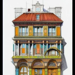 Details building cross section, interior croquis, building interior architecture from exterior ,building cross section,colourful detailed room+Book illustration by , Jean Baptiste Monge, strong lines, high contrast vibrant colors, highly detailed, 16k resolution, trending on behance