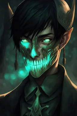 fantasy art, young male, half-elf, noble, half skull mask, pale skin color, cemetery background