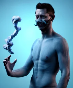 Realistic image, waist up view, a guy making the fuck you gesture with his hand, blue smoke coming out of his eyes, nose and mouth. Happy, smile, soft color, highly detailed, unreal engine 5, ray tracing, RTX, lumen lighting, ultra detail, volumetric lighting, 3d, finely drawn, high definition, high resolution.