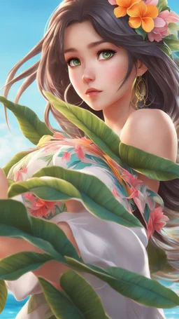 A very close picture to anime girl with Hawaii color, 3d anime style with high realistic, ultra detailed, ultra quality, intricate details, highly detailed