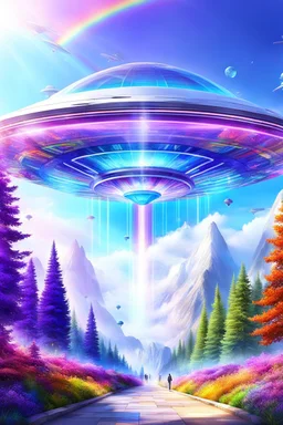 Ufo rainbow, futuriste ultra moderne,heaven,crystal very beautiful city,nature forest flowers colors