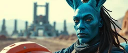 portrait with bluegreen bunny man with indian skin, space race on mega vehicle, From the shadows, they rise, with a spark in their eyes, Ethereal echoes of a world we once knew, With the glam and the glamor, we reach for the skies, Cosmic rhythms pull us through, [Chorus] Suti came for our world, with the power to ignite, Dancing through the stars, we find our light. motion blurred background of ancient space ruins