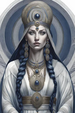 A breathtaking, epic, panoramic view: Full body portrait of a Nordic Bronze Age Priestess :: white, dark blue :: magnificent priestess, dramatic, 8K, airbrush art, pencil sketch, hyperdetailed, natural colors, intricate, award winning, crisp quality