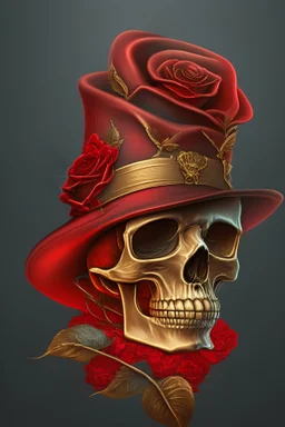 skull with red and gold hat and rose