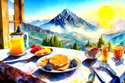 breakfast on a table on the terrace (orange juice, coffee in a cup, fruit, pastries), view of the mountains in the distance, Jean-Baptiste Monge style, surreal, a masterpiece, razor-sharp focus, dynamic lighting, watercolor and ink concept art extremely detailed psychedelic 8k beautiful high detail high definition colourful matte background Michelangelo Van Gogh colorful dramatic lighting fine art reflections whimsical National Geographic photography Alexander Archipenko Romantic Impressionism