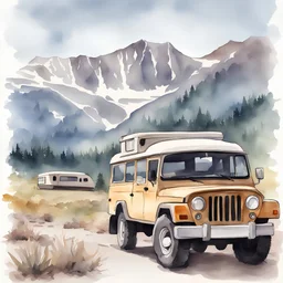 watercolor style painting of a camper jeep side view, mountains, beautiful scenery.