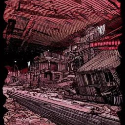  line Art coloured, destroyed, post apocalyptic, darkred tones,