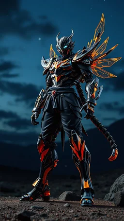 A dynamic view action showcasing the fusion of organic and Neumorphic elements, depicting a fully fantasy male ichigo-fighter. Its intricate mechanisms are driven by interlocking tiger and complex fabrics casual outfit embedded throughout its massive figma frame. Stand air-mid free pose sky dark nightly vast clear. no camera