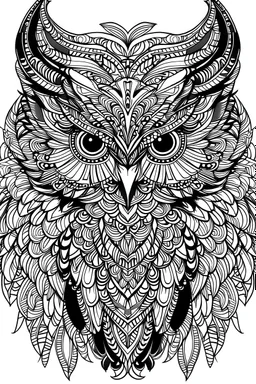 Create a [portrait] of an owl pattern for a coloring page. The design should feature intricate details, focusing on a [black and white] color scheme. full large cleaned, Imagine a [panoramic] shot highlighting the [feathers, eyes, wings] using [ 135mm ] lenses on a [Canon EOS R6 Mark II]. Aim for [photorealistic] rendering with [ 64K] resolution to ensure [maximum detail], Incorporate [hyper-detailed],full image,line art, full white background, thick outlines,no noise,crisp