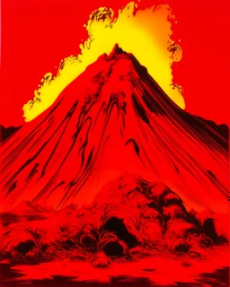 A red volcano with chaotic fire painted by Andy Warhol