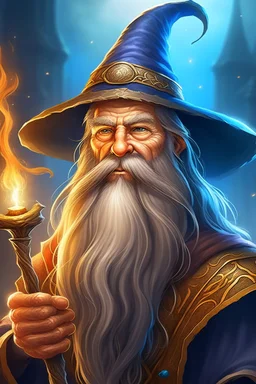 Wizard with majestic beard and pointy hat doing wizard stuff