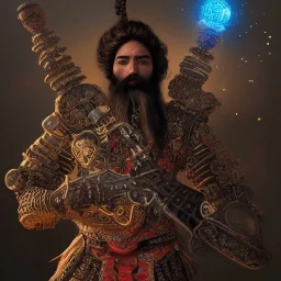 Insanely detailed photograph of an “ warrior mariachi holding glowing D20” with intricate detailed beard, intricate clothing, hyperdetailed painting by Ismail Inceoglu Huang Guangjian and Dan Witz CGSociety ZBrush Central fantasy art album cover art,8K, hdr, mysterious, flickeringlights ,Stoic