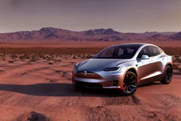 A Tesla 'Model Y' is parked, in the Mojave Desert. (CINEMATIC, WIDE ANGLE LENS, PHOTO REAL)
