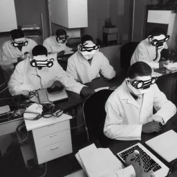 scientists at the computer in carnival masks. the masks are checkered.