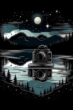 A sleek, digital camera rests on a weathered log, capturing a starry night sky reflected in a still mountain lake. The Milky Way stretches across the canvas, with a lone figure gazing upwards in wonder. Style: Geometric, Mood: Dreamlike, Lighting: Cool, starry night with a touch of moonlight on the lake, T-shirt design graphic, vector, contour, white background.