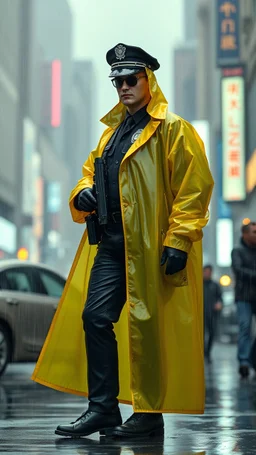 retro futurist, nypd full body color 1920 black policeman wtih heavy yellow rain transparent coat