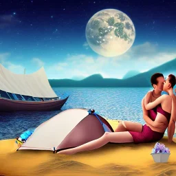 2 lovers last kiss in sand island with tent and river background