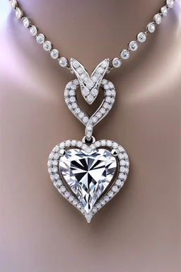 Create a visually stunning and luxurious image of a diamond necklace with a big symmetrical heart shape diamond at the center and 3 layers of small round diamonds around it