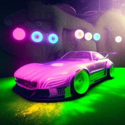 Modified car, ultra realistic, intricate details, ultra highly detailed, shiny, smooth, studio quality, octane render, Surrealism, Triadic colour scheme,glow-stick, ambient lighting,nightclub lighting, polaroid, 100mm, --ar 1:1 --v4