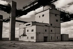 landscape ,minimal ,Photo with an old analog camera. Black and white. Part of a strange dream. white clouds wide plain The big building between them. like pink floyd pigs landscape ,Abandoned factory ,from a weird dream captured with the first model of dreamrecorder by gnom industries inc