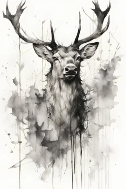 black and white sketch of a stag, ink drawing, woodland, white background, drawing by Carne Griffiths