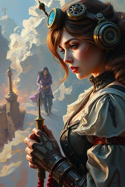 airy, sci-fi, steam punk, very detailed, realistic, figurative painter, fine art, Oil painting on canvas, beautiful painting by Daniel F Gerhartz, Trending on artstation, Trending on MidJourney, Award Winning, Timeless art work, Masterpiece, Genius, Worldclass, Extra ordinary, Aesthetic, Beautiful, Stunning, Brilliant, cinematic, Dynamic, Cinematic lighting, inspirational, 4K resolution, 8K resolution, Artstation HD, Artstation HQ, Vivid, Vibrant, Ultra detailed