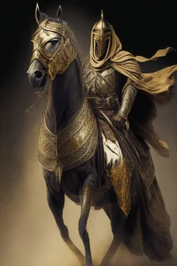 Arab warrior Full Body Full Armored Wearing Face Masculine Mysterious Powerful Fantasy High Quality Carrying his bow Golden clothes His horse behind him