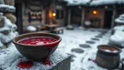 close up an old bowl is full red blood on snowy poor villager courtyard, dramatic atmosphere, in background blur , low light, high detailed, sharp focus, high realistic, perfect photo