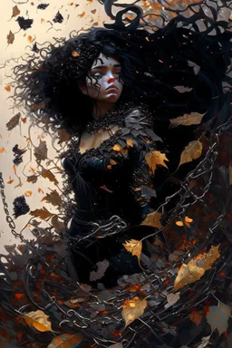 abstract creation of a beautiful girl with black curly hair, surrounded by black roses, thick metal chain broken, glass petals on the ground, autumn colours,dried out thorn bush, chaos,