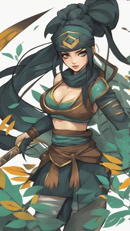 bits of color, furistic Sketch book, hand drawn, dark, gritty, realistic sketch, Rough sketch, mix of bold dark lines and loose lines, bold lines, on paper, akali, ninja girl, league of legends, leaves, animals, runes, dark theme,