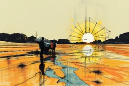 a probable cyberpunk aspect generating in an arafed desert, acrylic and ink, great reflections, burst dynamics, double exposure, liminal space, harsh contrasts, sharp shadows, jux:tox, ink leaks and splinters, e.x.p.l.o.d.e and blast vibe
