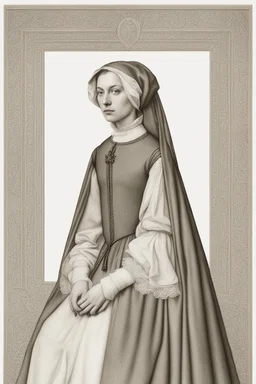 portrait of a renaissance woman in the style of jan van eyck on a white background