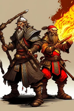 a viking figther a samurai. both wield a flamethrower
