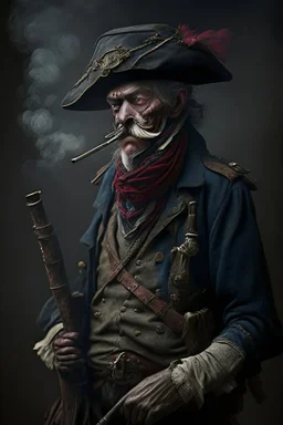 70 years old victorian bloodborne soldier with a musket, bandana and scally cap and a ciggarette