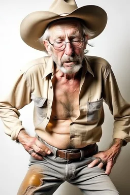 Bare drunk old cowboy in pants