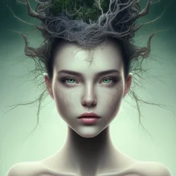  fantasy art: a beautiful tree-human hybrids facial image. lush green tree branches flow through her. Modify with a beautiful luminescent flower & tendrils dangling from her head AND modify facial expression so she is smiling with mouth closed, beautiful woman with aesthetically gorgeous facial structure & features: Modify image by adding two super detailed butterflies looking at her