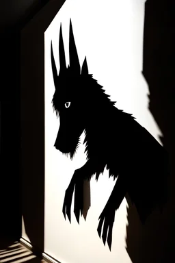 Illustration of shadow puppet, sculptural art where 2D shadows of a wolf silhouette is cast by a 3D sculpture or hand against a wall, creating the Illusions of depth and perception, art against a wall, ombromanie, shadowgraphy, Félicien Trewey