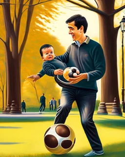 Papá alegre con su bebe jugando pelota en el parque felíz cuerpo completo colores complementarios obra de arte arte moderno impactante detallado ojos marrones pelo negro hiperrealista 8k coherente