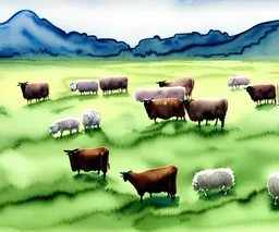 Grassland and cattle and sheep watercolor