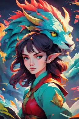 A dragon mixed with a mythical lion and a human female elf. Dramatic and powerful look and feel. Extensive attention to details. Bold lines. Vivid colors. 80s style retro anime art. Double exposure. cubism style. high resolution, full details