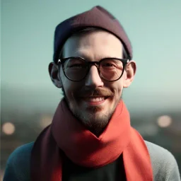 A hipster with a scarf and shades. He is tall, thin, and smirking