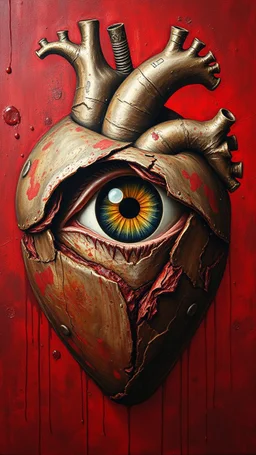 Bosch style painting , A 3D whole eye coming out of the middle of a rusty metallic open heart in details on red bloody background