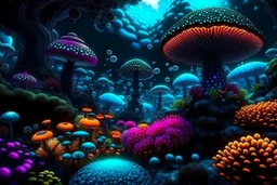 Exotic Flora, fauna, mushrooms, fungi and coral at the End of the Multiverse black liquid Land