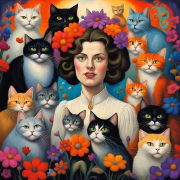 A mesmerizing fantasy scene features a French actor, Hélène Rollès, surrounded by a plethora of cats, all displaying delighted expressions. Surrounding the actor are peculiar, brightly colored flowers, which add a sense of whimsy and intrigue to the composition. Employing chiaroscuro and intense colors, the artwork boasts a colorful, vibrant background that enhances the depth of color throughout the piece. Exquisite details and perfect composition are evident, while natural lighting adds to the