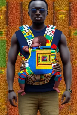 futuristic baby carrier in Kente, rusted clocks eyes, cinematic, scaffolding, ghana flag, african pattern symbols, black star, engraved, 8k quality