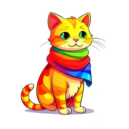 cat wearing a rainbow scarf, representing pride flag, colorful clip art illustration, Disney style cartoon, high detail, white background, sticker.