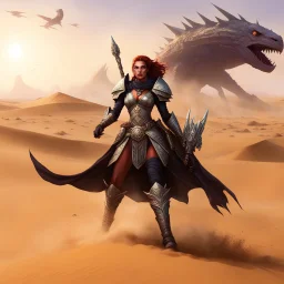 The desert stretches endlessly before Queen Zara, a Dune-like ruler with a heavy gun gripped tightly in her hands. Her regal attire billows behind her as she sprints across the vast, sandy dunes. Behind her, a grotesque alien monster gives chase in an organic spaceship. Its drooly, drooling head looms dangerously close, dripping with acidic saliva. Barbarian warrior woman fighting giant monster squid., the spaceship emits eerie, otherworldly sounds that reverberate through the barren landscape.